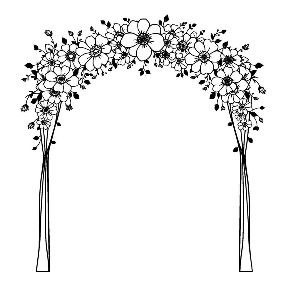 elegant black and white floral archway, detailed line art, perfect for wedding invitations or decorative designs, clear background. vector