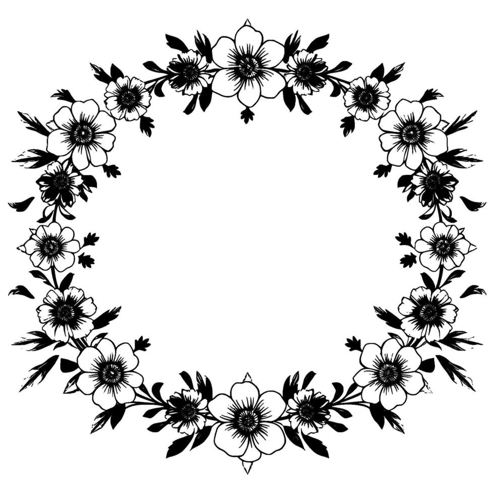 elegant black and white floral wreath a symmetrical arrangement of detailed flower illustrations with leaves forming a beautiful circular frame. vector