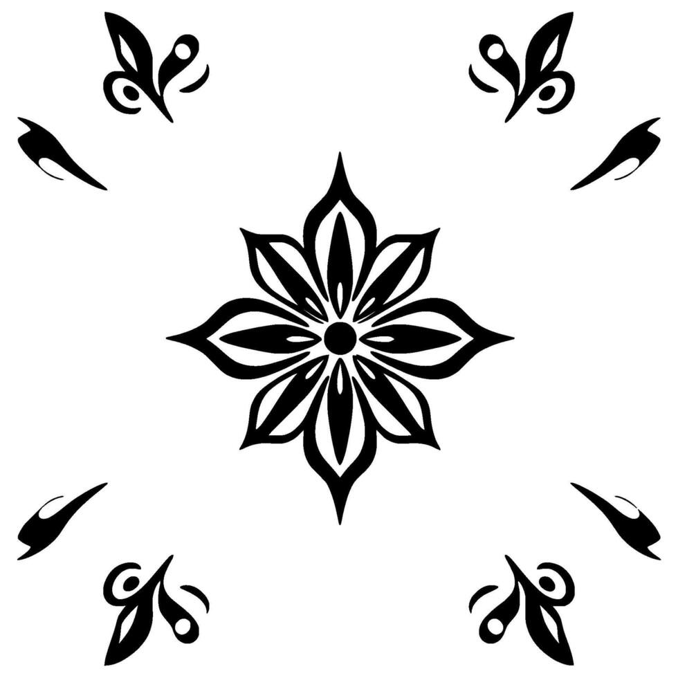 symmetrical black and white floral with decorative elements on a white background, resembling a pattern or ornament. vector