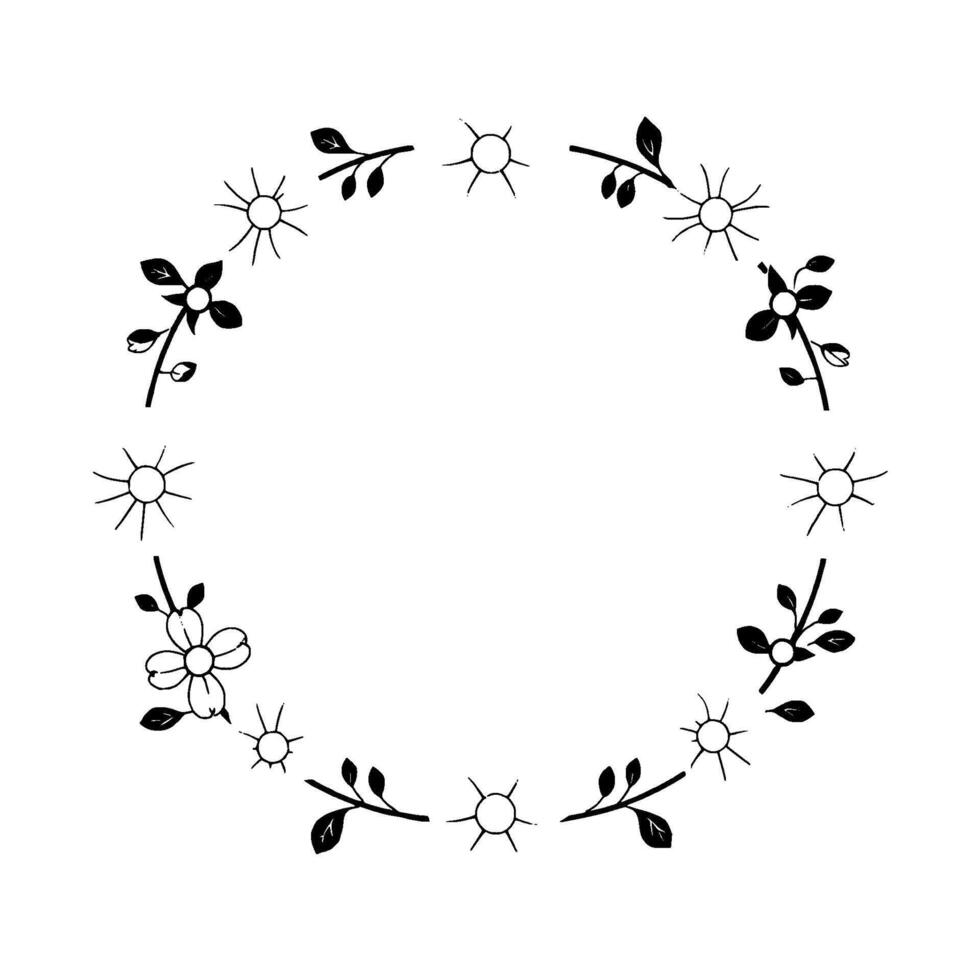 a delicate floral wreath in minimalist black and white, perfect for invitations, embodying grace, and simplicity, offering a blank space. vector