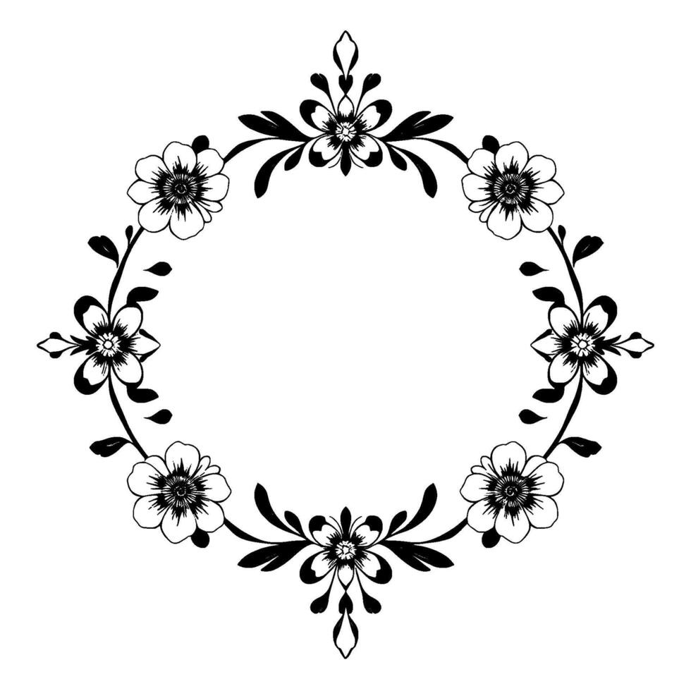 elegant black and white floral frame with detailed petals, leaves and a minimalist bordering an oval center. vector