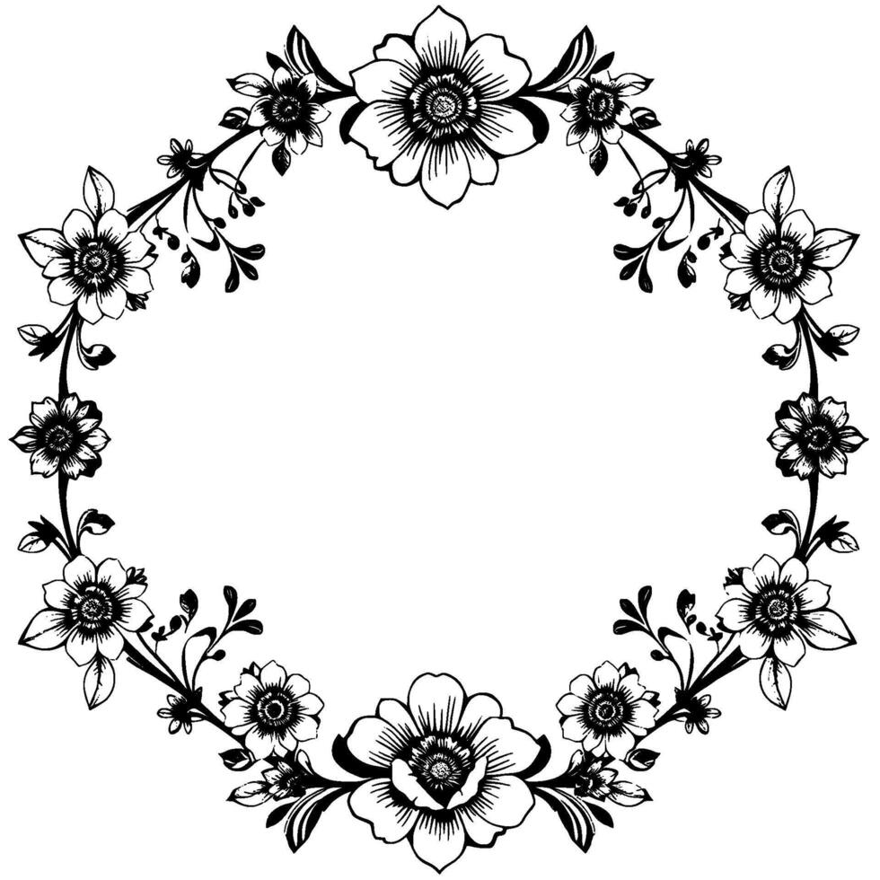 intricate black and white floral wreath with detailed line art, creating a classic and elegant circular composition. vector