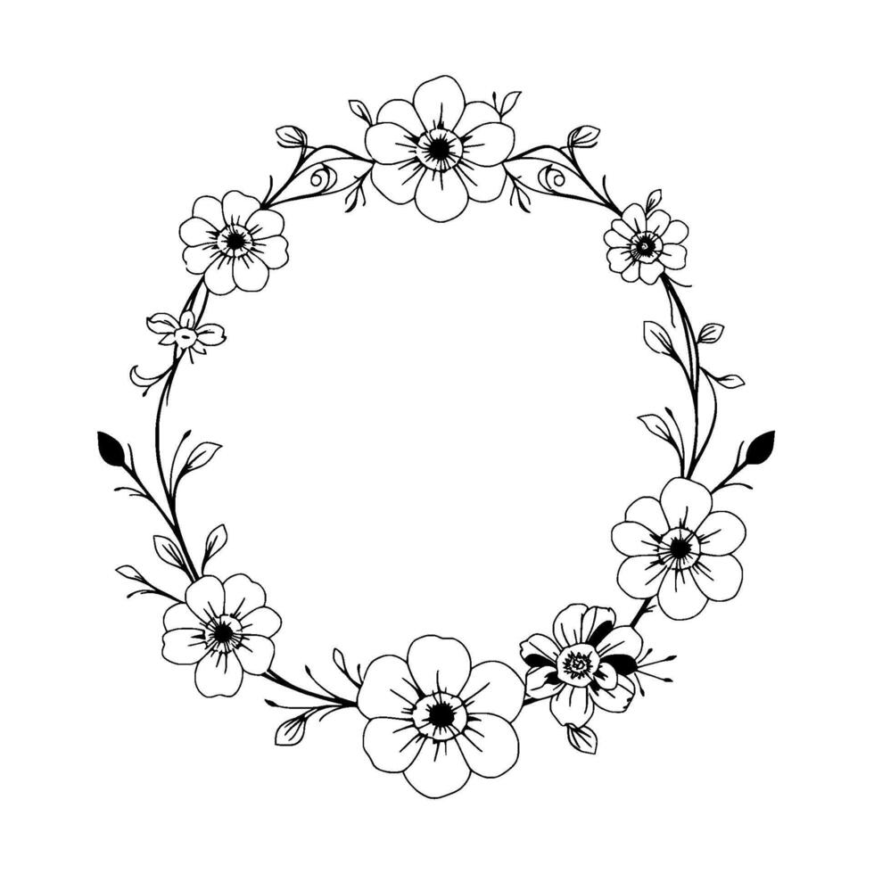 intricate black and white floral wreath delicate line art composition with blossoms, leaves, and elegant vines on a white background. vector