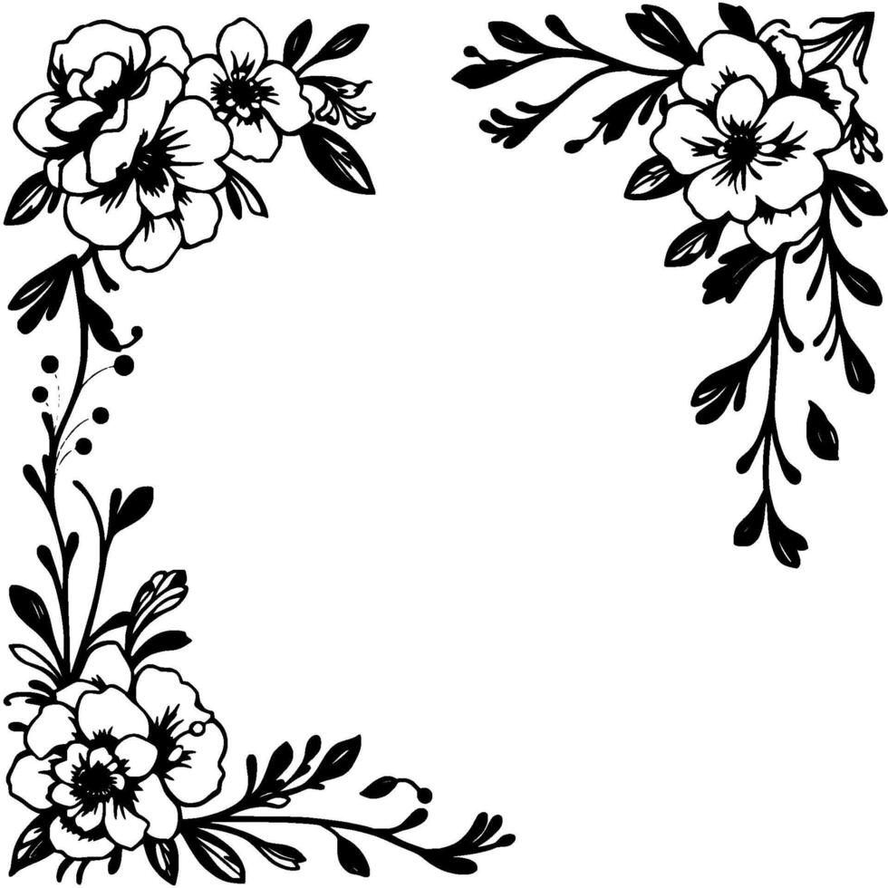elegant black and white floral corner frame border with detailed blossoms, leaves, and twigs, decorative template. vector