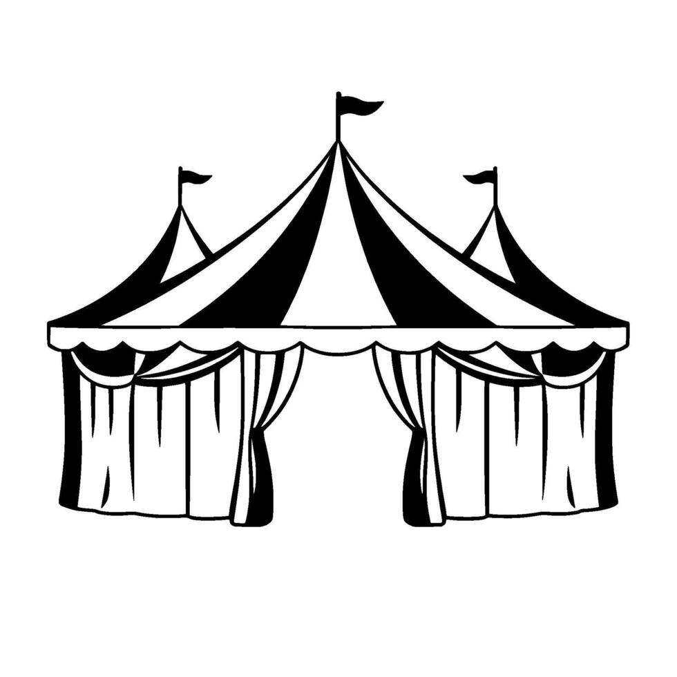a classic, monochrome illustration of a circus big top, featuring striped roof, draped entry, and small pennant flags atop peaks. vector