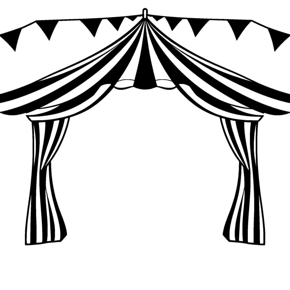 monochrome circus tent entrance with banner pennants, striped awning and curtains, isolated on white background. vector