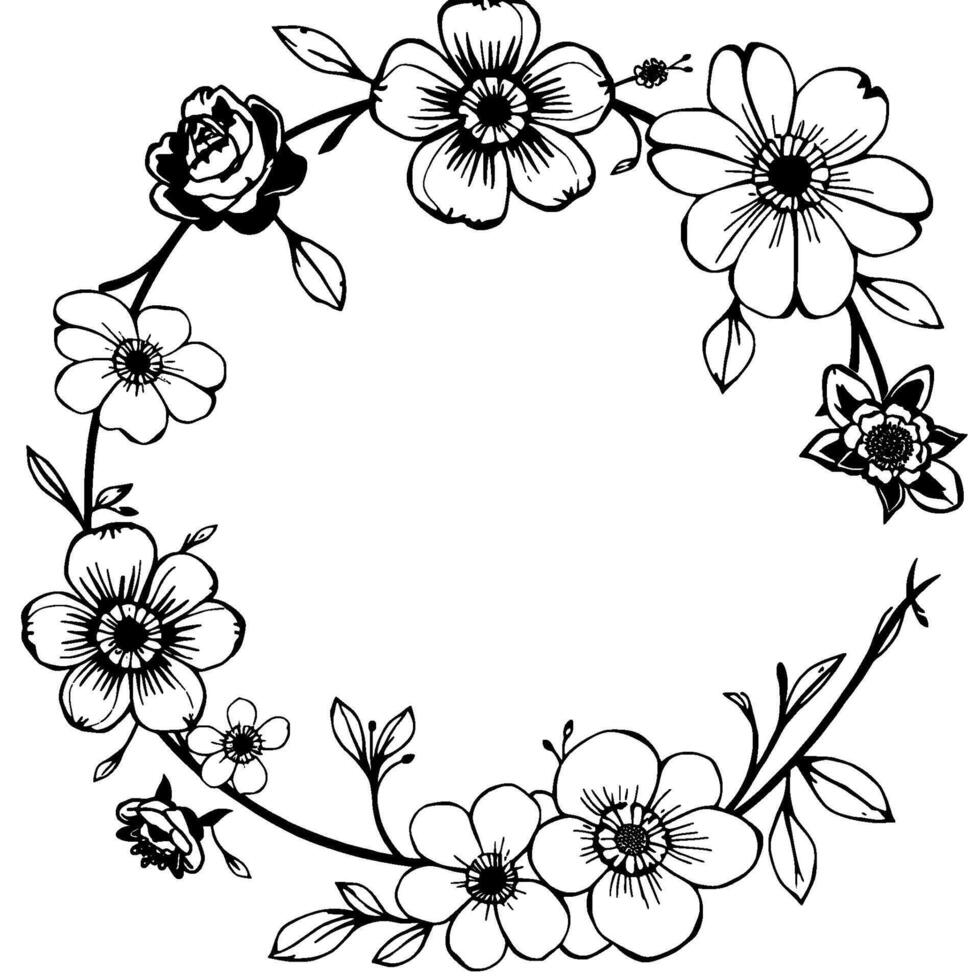 elegant black and white floral wreath handdrawn botanical with various flower types and delicate leafy branches. vector