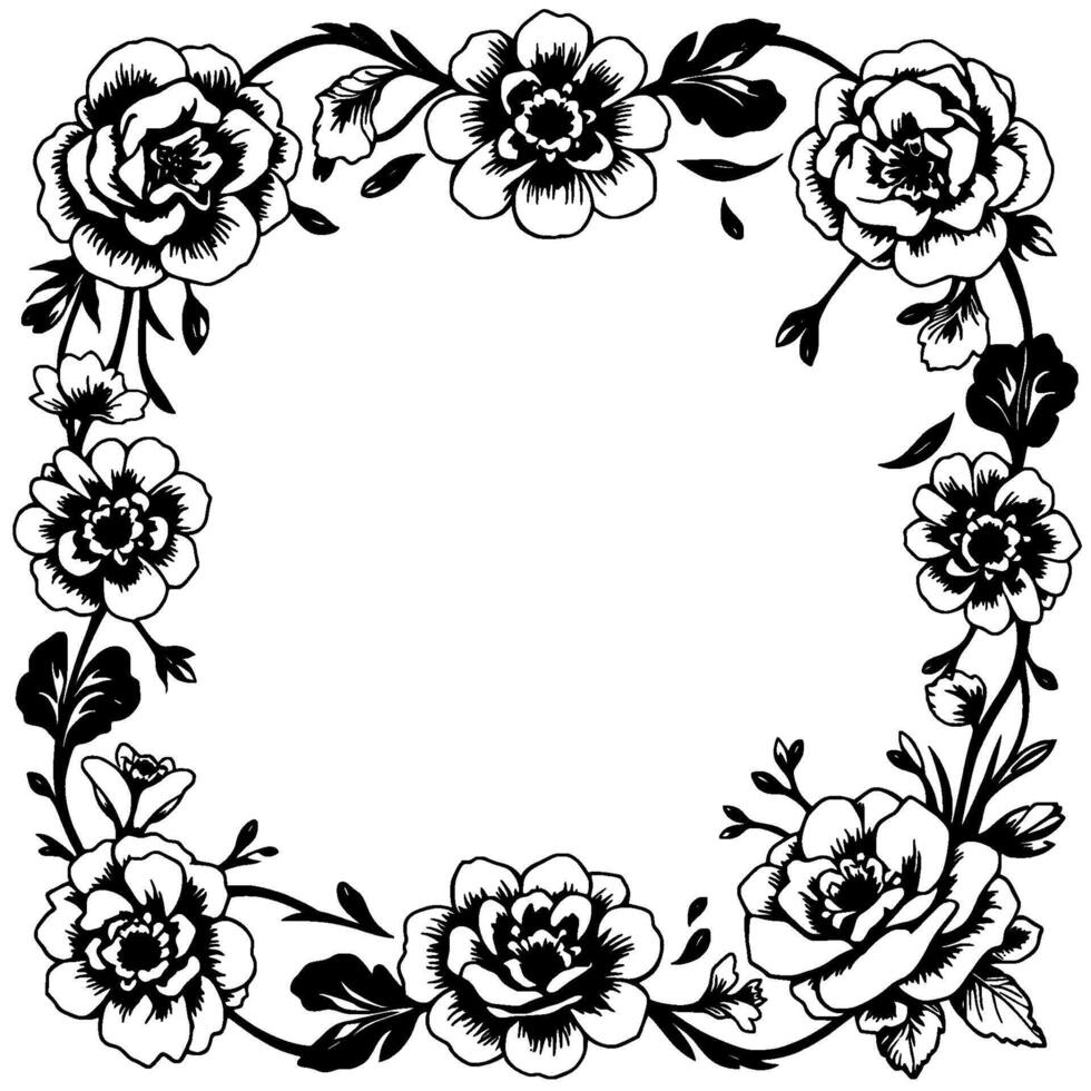 intricate black and white floral square frame, border embellishment, delicate detailed , artistic garden element for decoration. vector