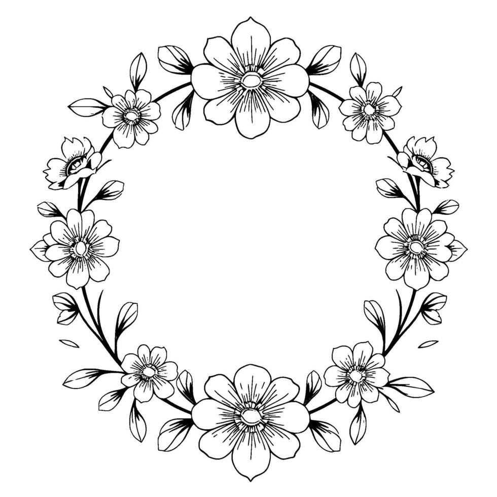 intricate black and white floral wreath, composed of delicate stylized blossoms and foliage, encircling a blank center. vector
