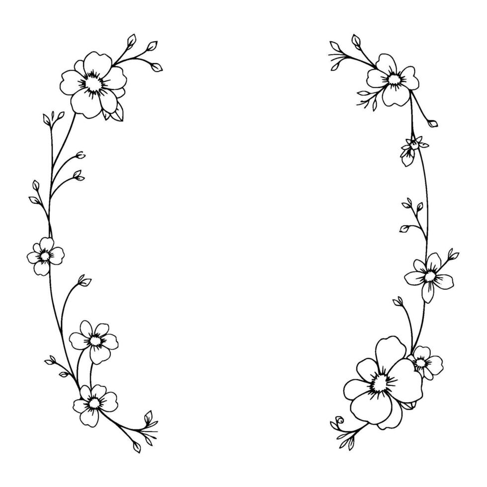 elegant floral frame symmetrical black and white drawing of delicate flowers and vines forming an oval border. vector