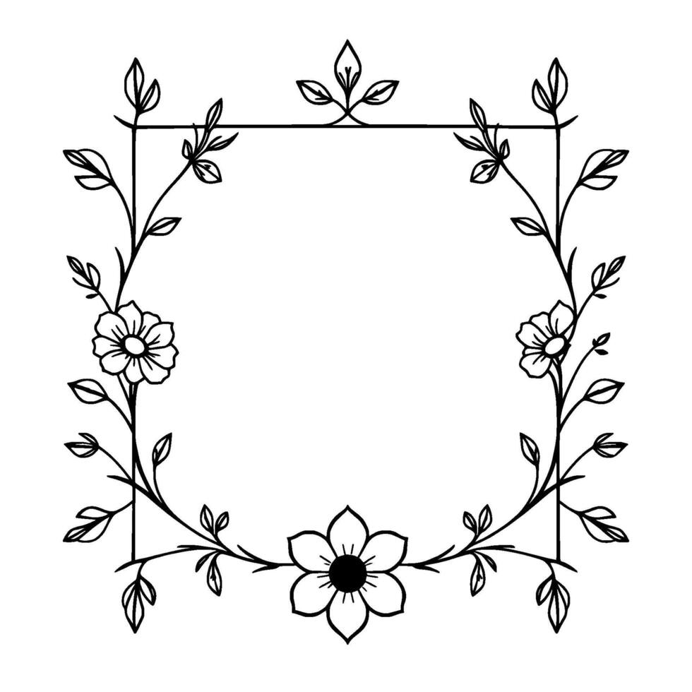 elegant black and white floral frame featuring delicate flowers, leaves, and a square outline, perfect for invitations or artistic projects. vector