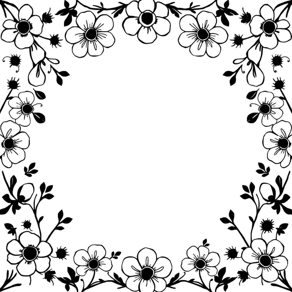 elegant handdrawn floral frame border with black outlines and minimalist white background for or decoration vector