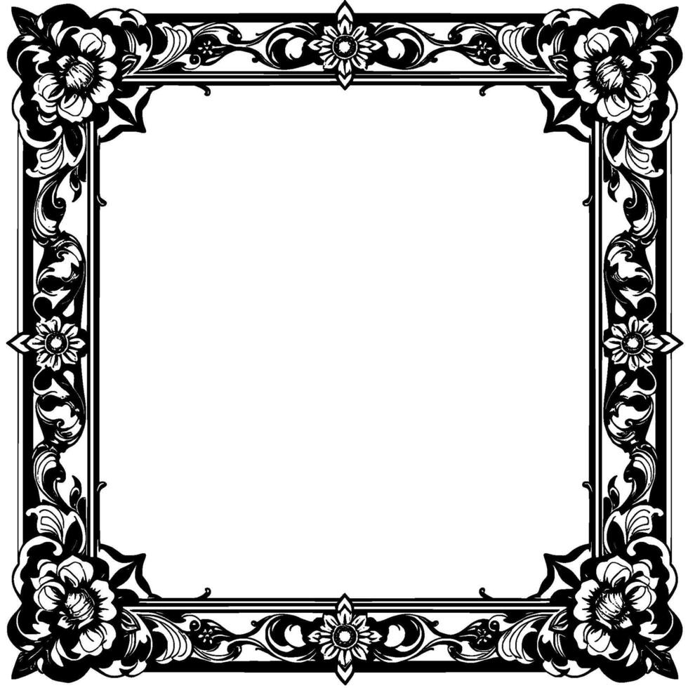 ornate black and white floral border with symmetrical composition, featuring a blank central space. vector