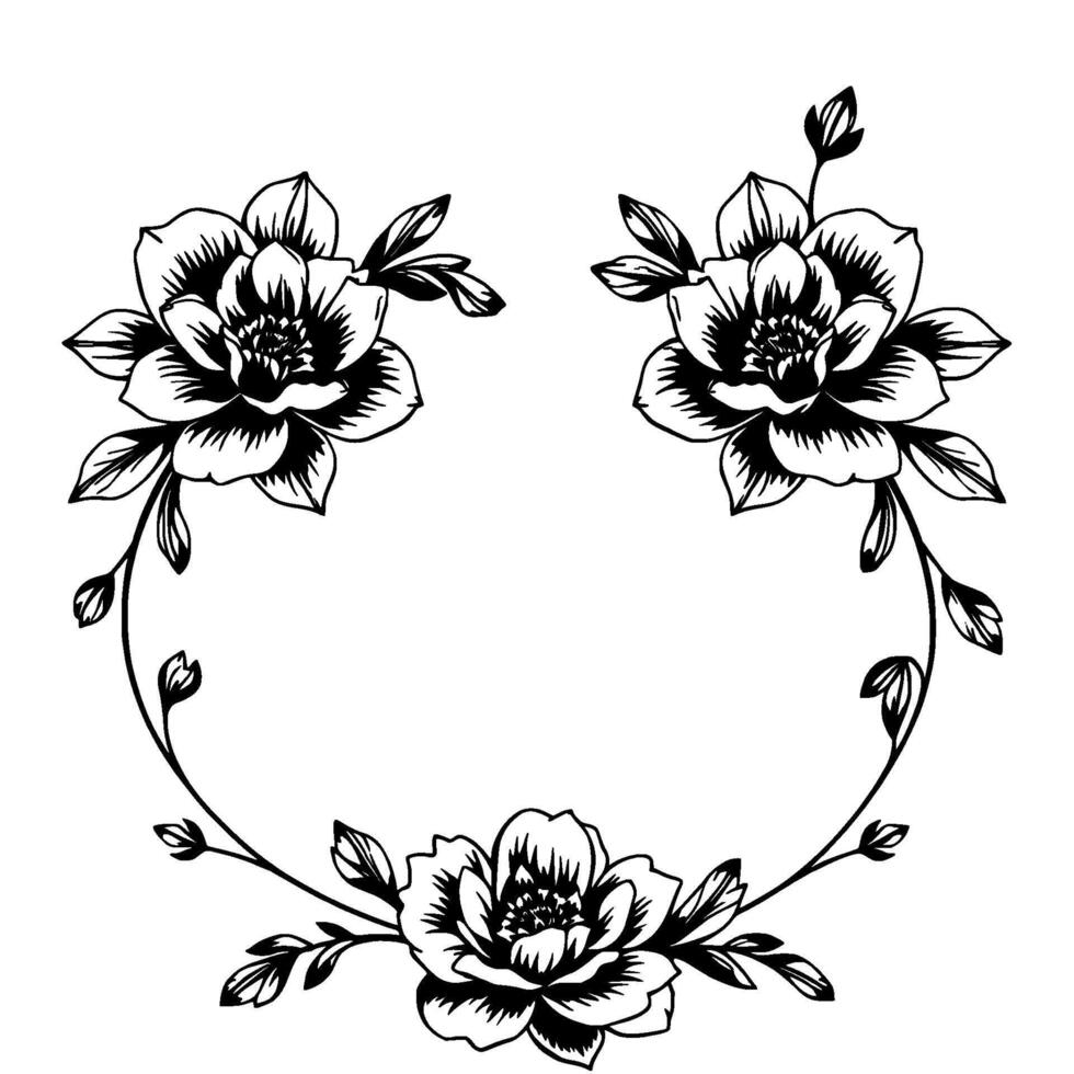 elegant floral wreath a black and white illustration featuring detailed blooming flowers, leaves, and delicate vines, arranged in a symmetric circular composition. vector