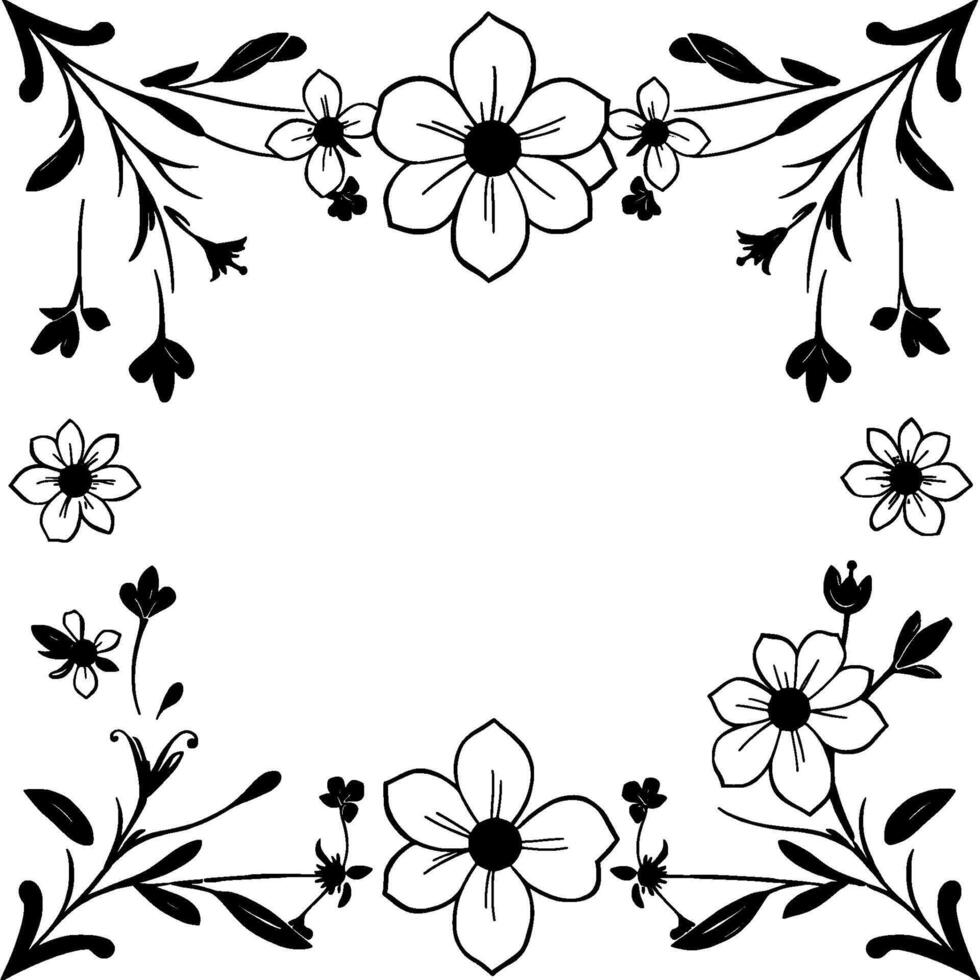floral frame illustration a symmetric black and white with stylized flowers and foliage creating an elegant border. vector