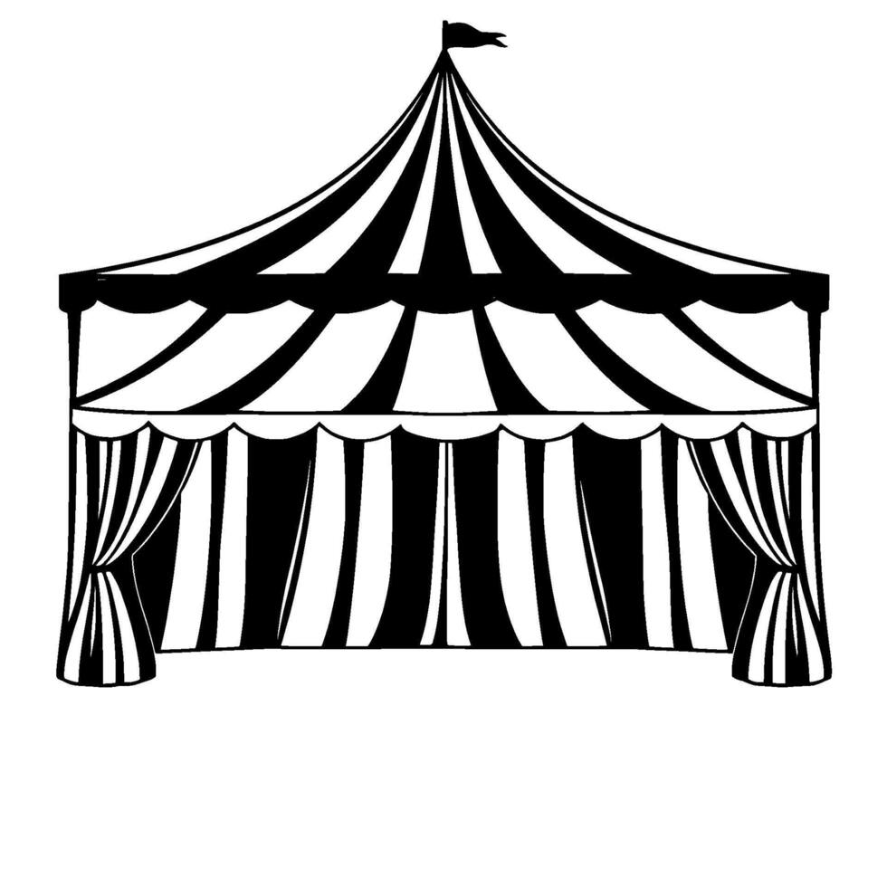 black and white circus tent illustration, showing the tents exterior with striped pattern, flag, and curtains. vector