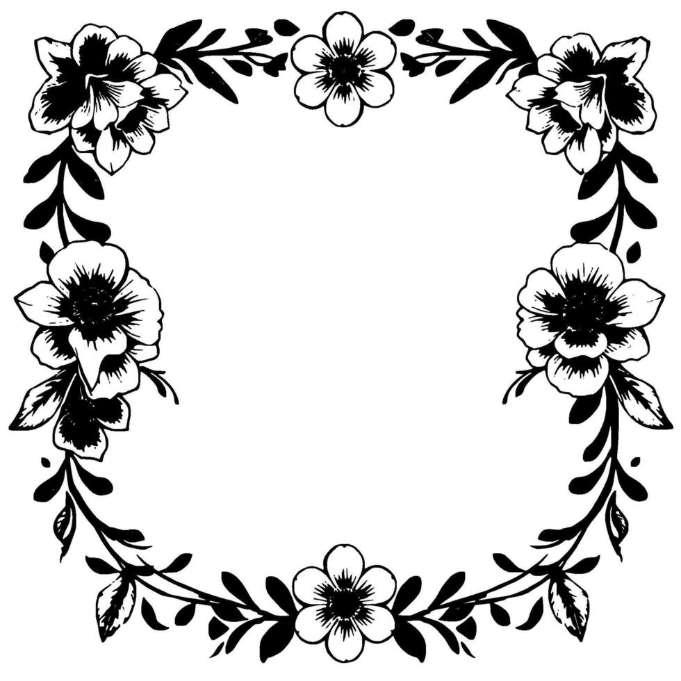 black and white floral frame an elegant border with detailed blooms, leaves, and curved branches in a decorative circular arrangement. vector