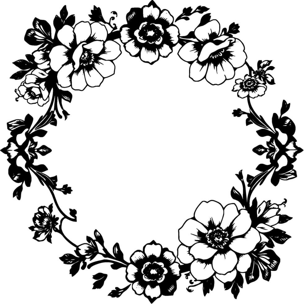 intricate black and white floral wreath elegant circular of stylized flowers, leaves, and buds against a blank white background, capturing classic charm. vector