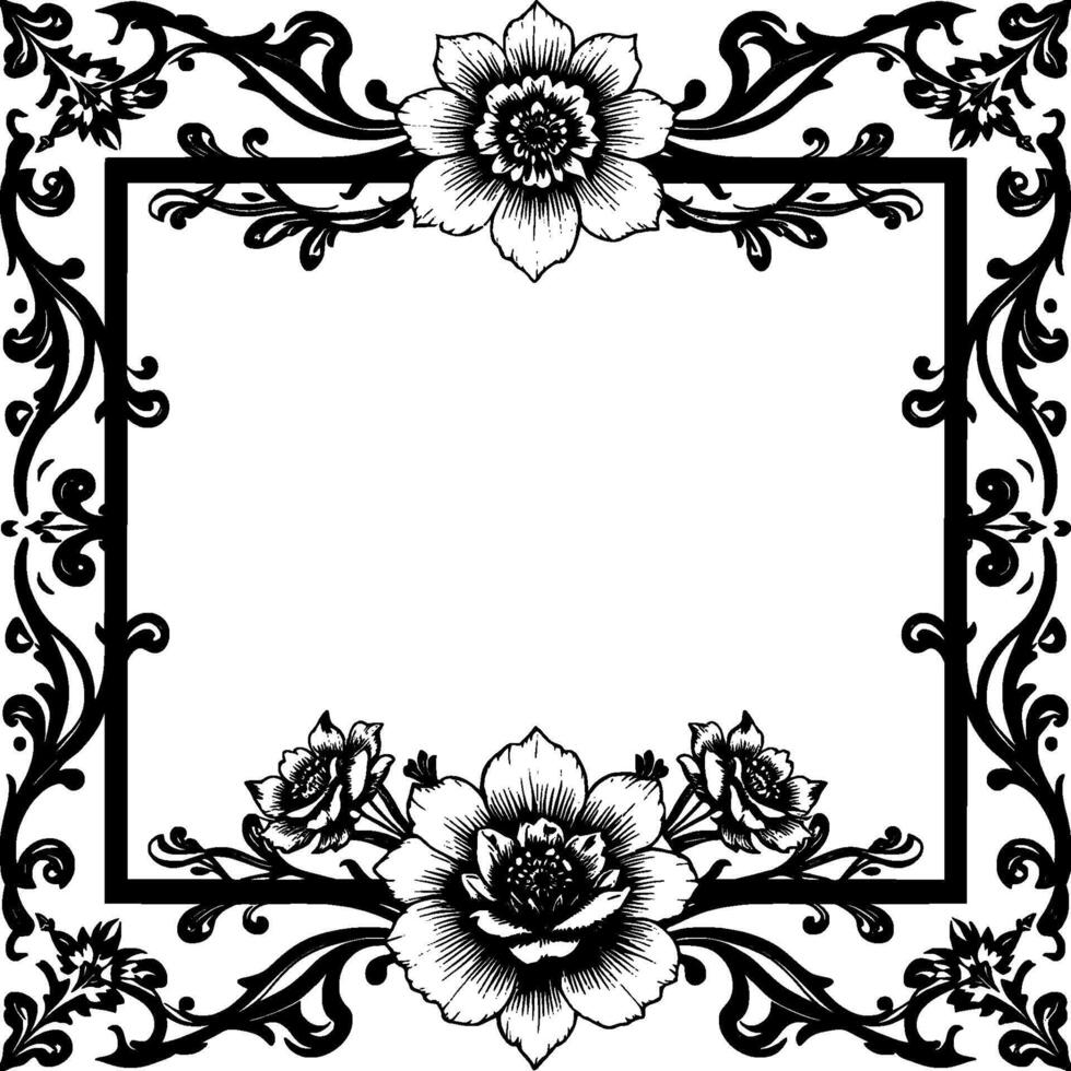 elegant black and white floral frame intricate botanical border with symmetrical flower arrangements enclosing a blank interior. vector