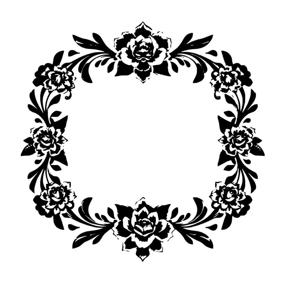 ornate black and white floral wreath with elegant peonies, leaves, and a central rectangular space for text or imagery on a white background. vector