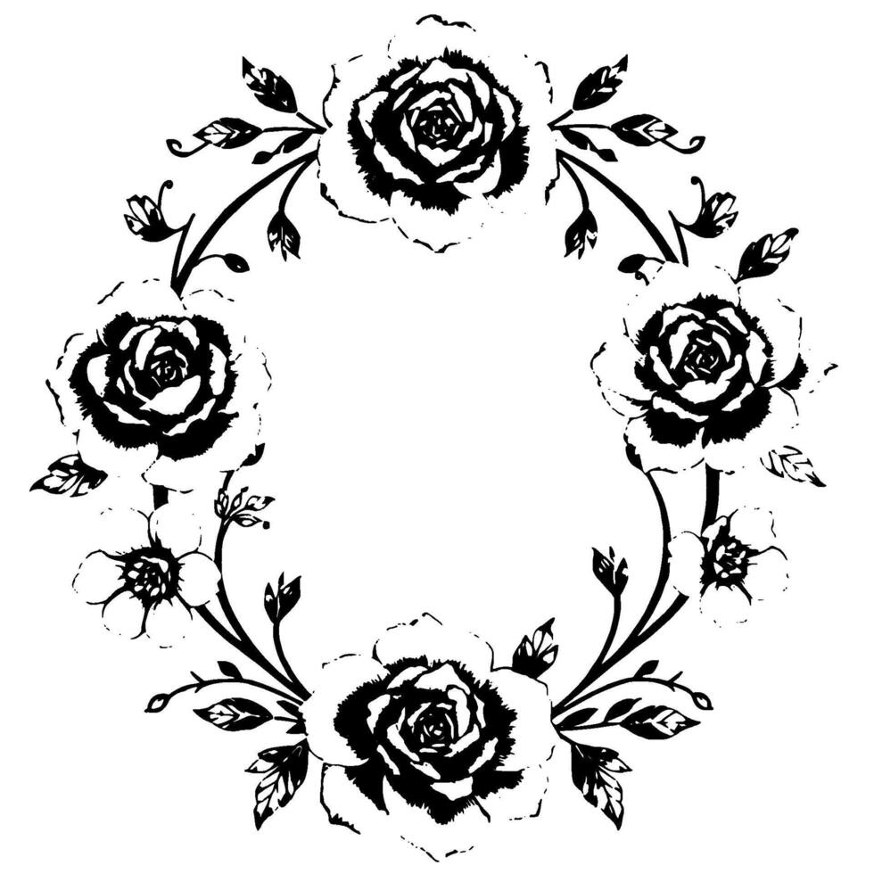 intricate black and white floral wreath illustration, featuring roses and delicate leaves, creating a classic and elegant . vector