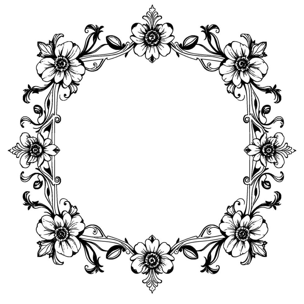 intricate black and white floral wreath a detailed pen and ink illustration of a circular decorative border with elegant blossoms and ornate foliage. vector