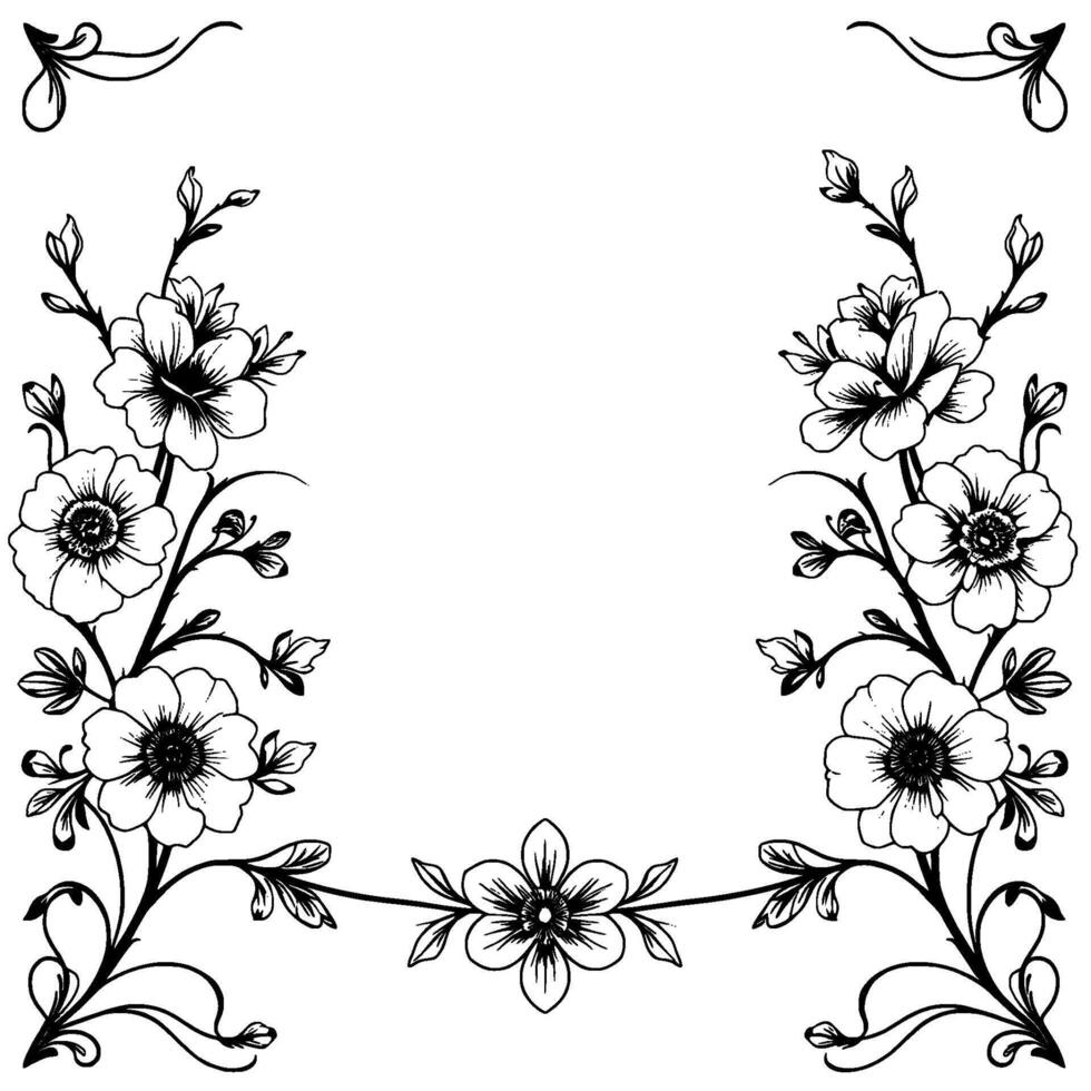 elegant floral frame black and white illustration of delicate flowers and ornate foliage on white backdrop vector
