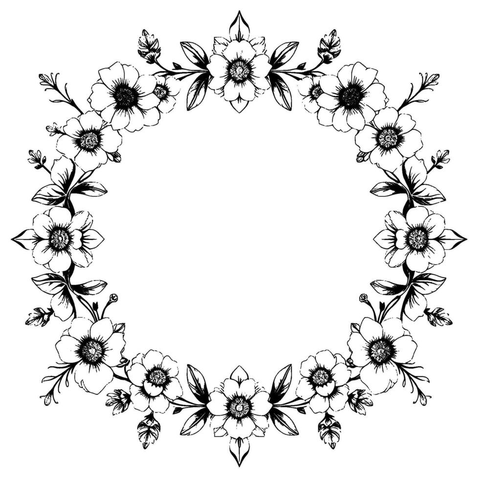 intricate floral wreath illustration, rendered in grayscale, featuring detailed blossoms, leaves, and delicate branching, perfect for frames. vector