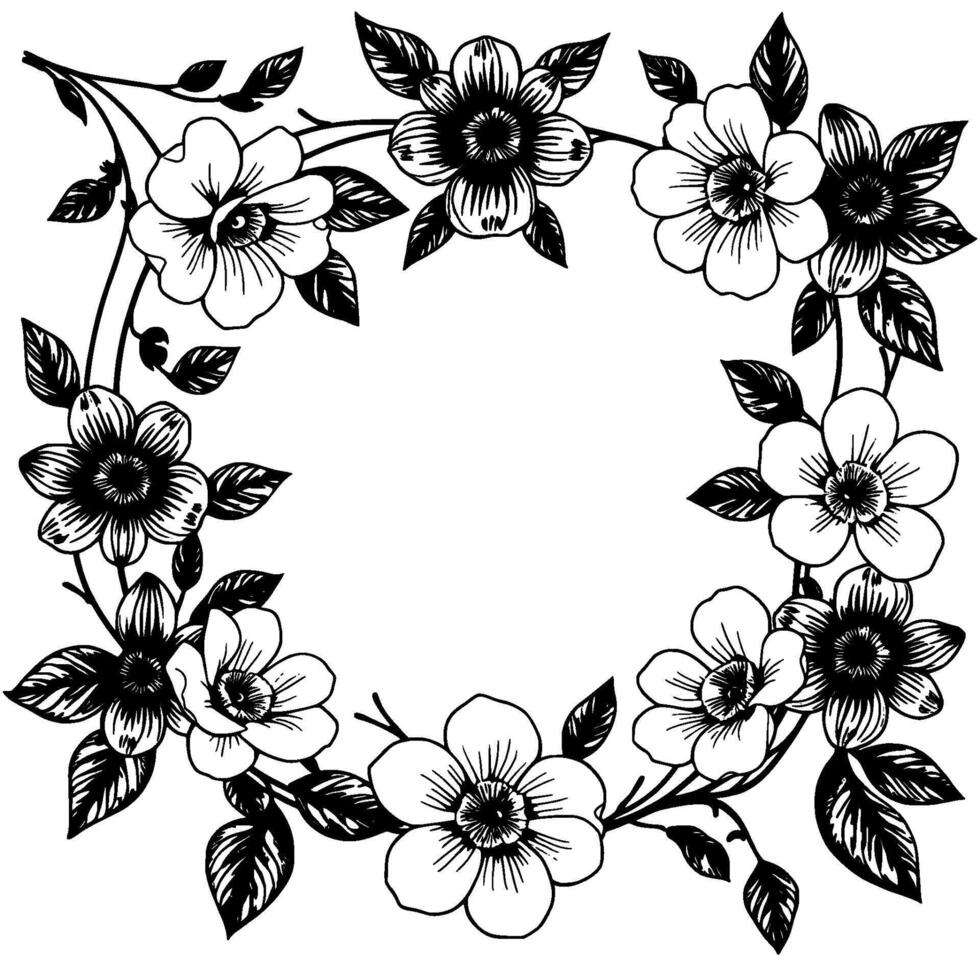elegant monochrome floral wreath illustration featuring delicate blossoms, leaves, and stems, arranged in a circular decorative frame. vector