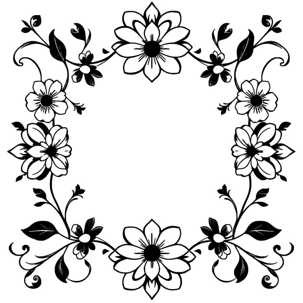 elegant black and white floral frame with daisylike flowers, leaves, and swirls, enclosing a blank space for text. vector