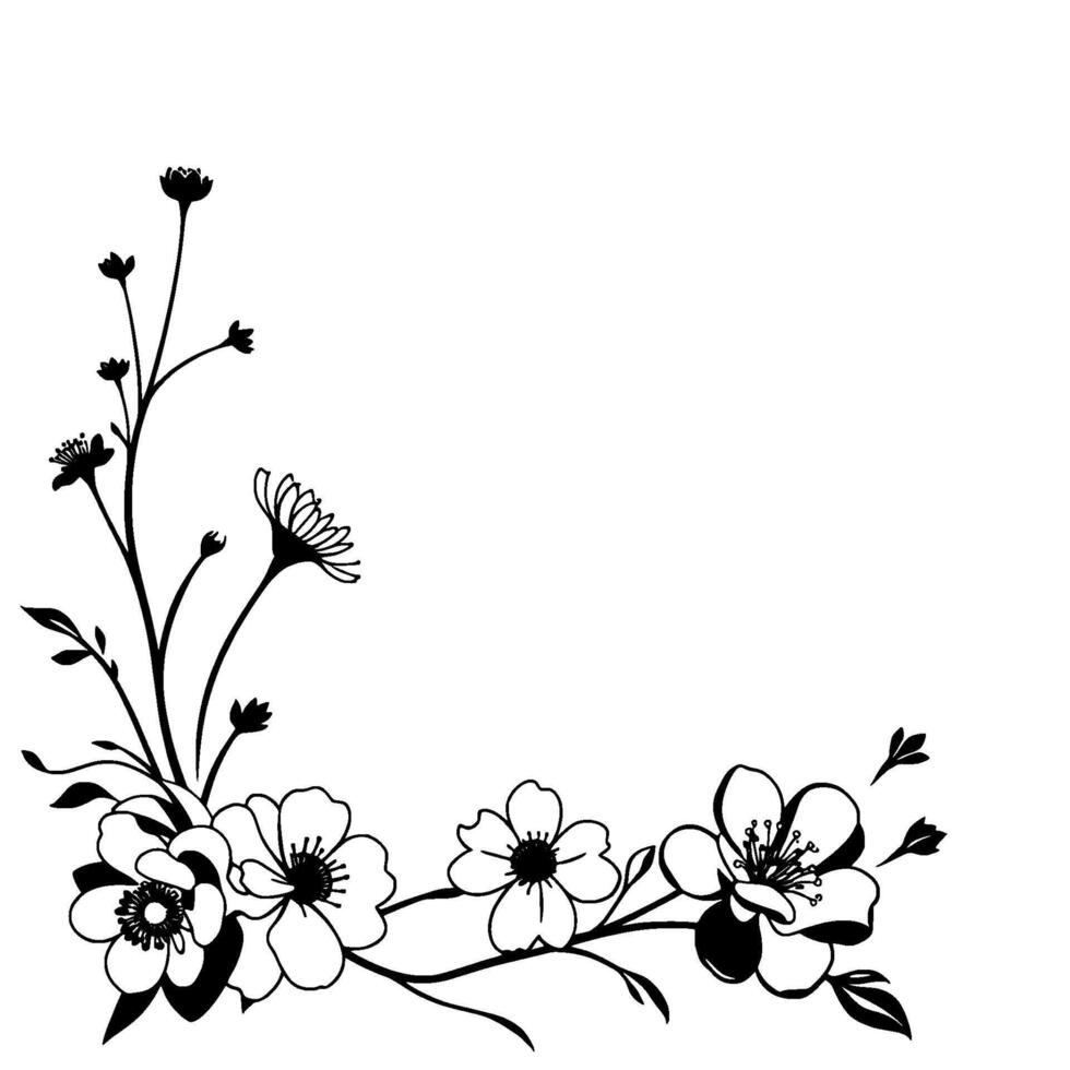 elegant floral corner in black and white detailed sketch of blooming flowers, delicate leaves, and intricate stems. vector