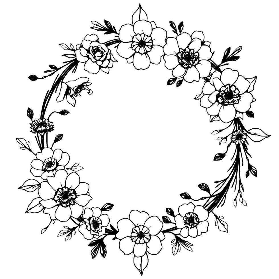intricate black and white floral wreath, handdrawn, featuring diverse flower types, leaves, and branches, elegant and decorative, perfect for framing. vector