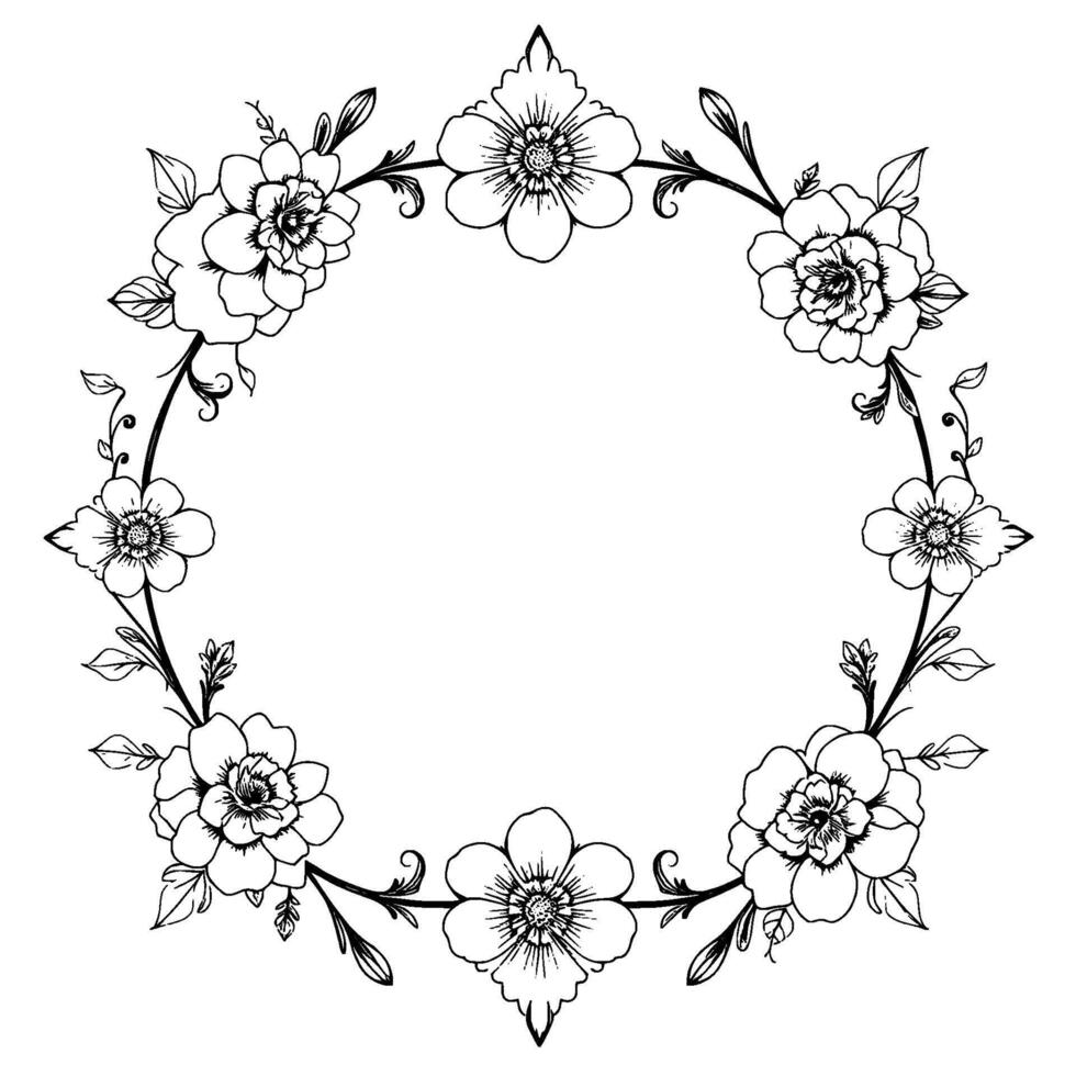 intricate black and white floral wreath elegant, detailed drawing of flowers and leaves forming a circular frame, ideal for . vector