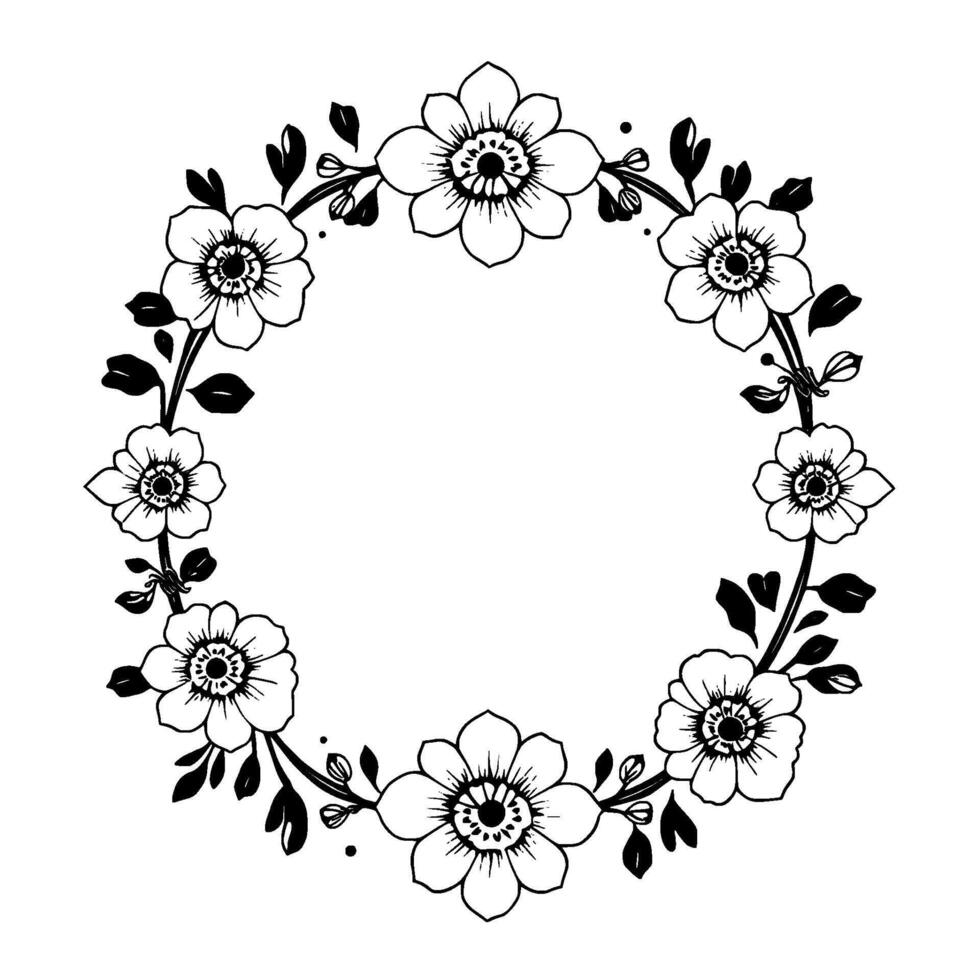 elegant black and white circular floral wreath illustration with detailed flowers, leaves, and delicate flourishes, perfect for elements. vector