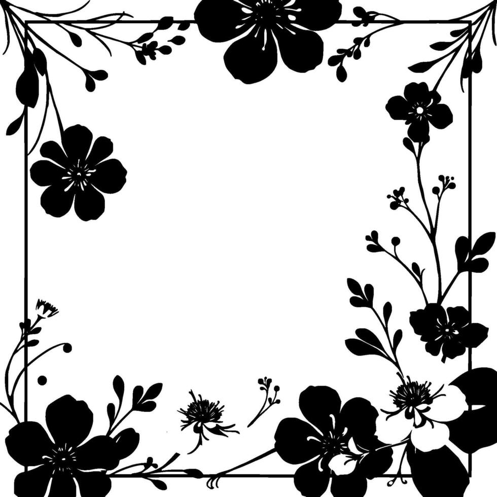 elegant black and white floral frame simplistic botanical border with detailed petals, leaves, and stems, decorative and minimalist. vector
