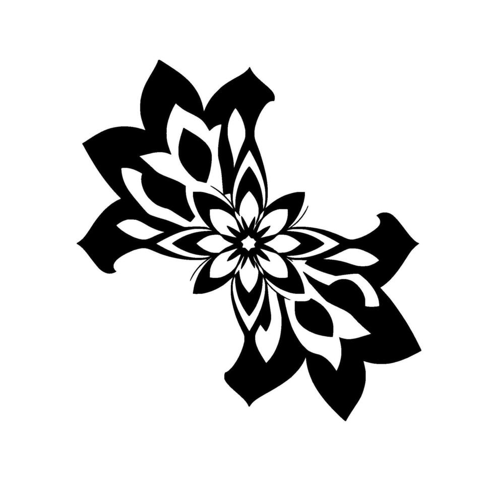 symmetrical black and white floral with interlocking petals, centered on white background, creating a butterflylike pattern. vector