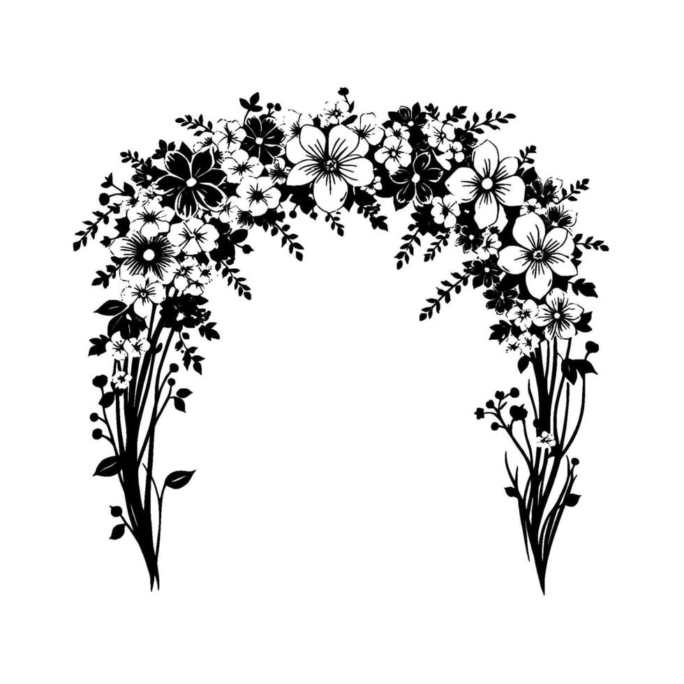 elegant black and white floral arch illustration delicate blossom arrangement with leafy branches, wedding decor style vector