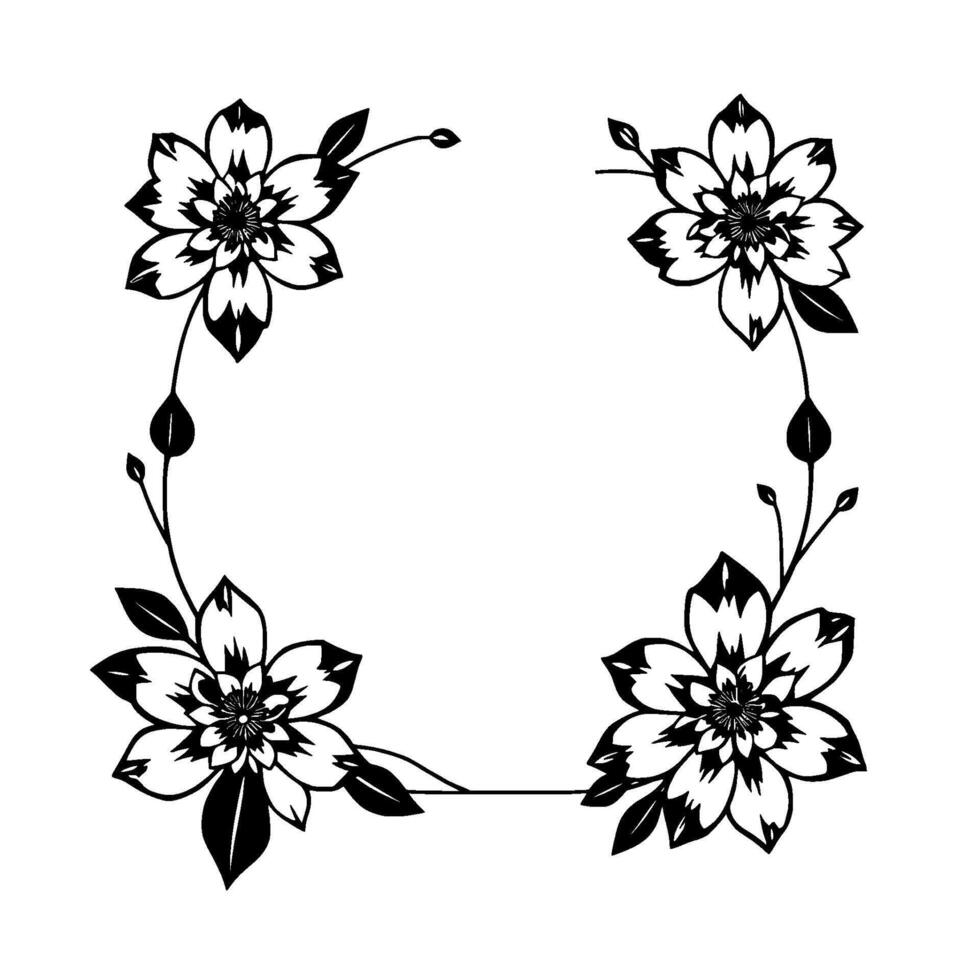 elegant black and white floral frame with geometric composition, showcasing artistic and botanical detail. vector