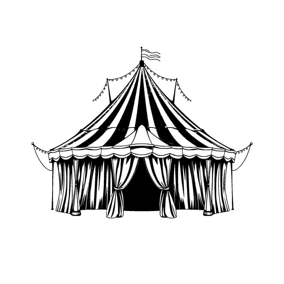 black and white illustration of a classic circus tent with striped canopy, draped curtains, flag on top, and string lights, isolated on white background. vector
