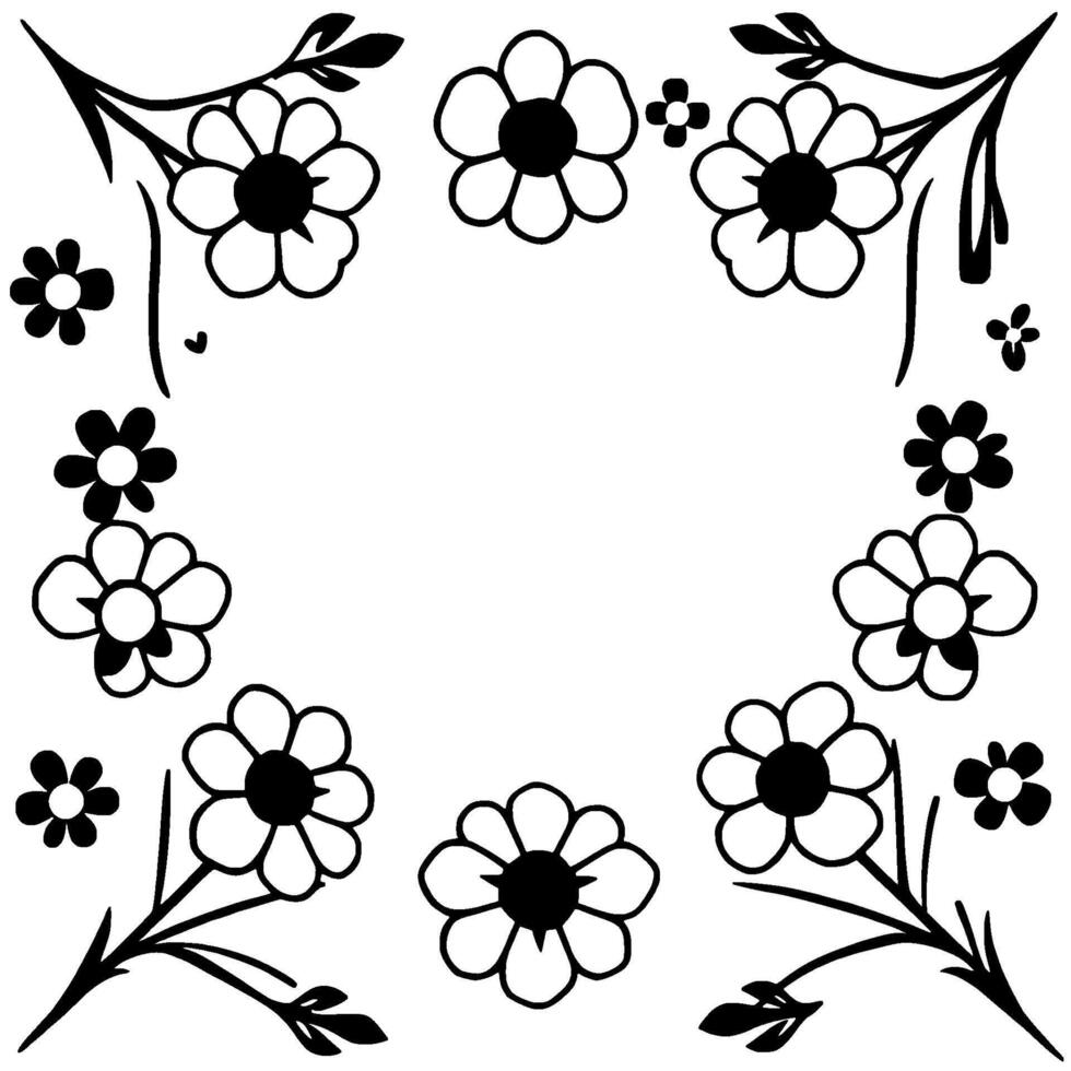 monochrome floral frame bold, stylized black white daisy , embellished with leaves, offering an empty center space. vector