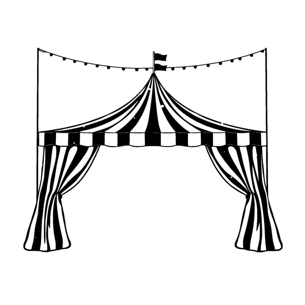 classic circus tent entrance with black and white striped awning, string lights, and draped curtains in a minimalist, line art style. vector