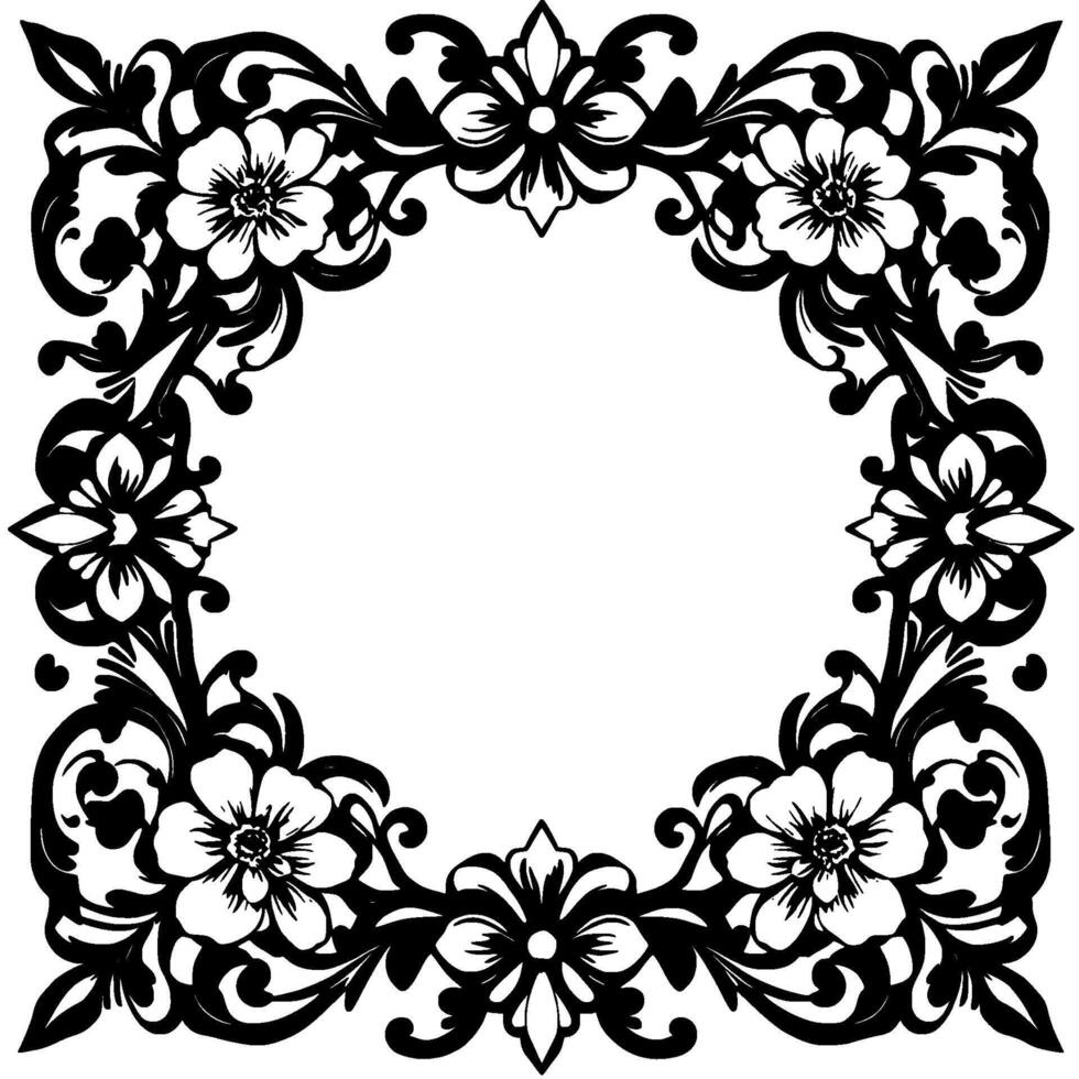elegant black white floral frame with detailed scrollwork and flower designs, isolated on white background, circular arrangement vector