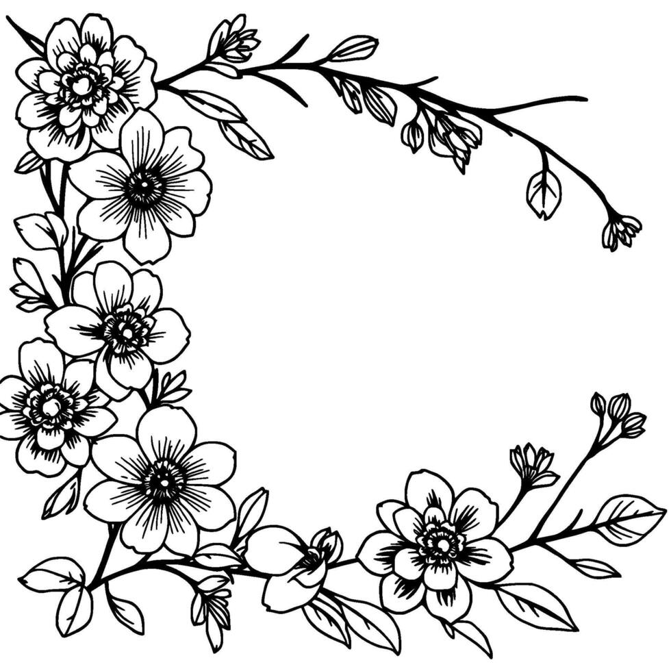 elegant black and white floral corner frame with blooming flowers, budding branches, leaves, and artistic line work. vector