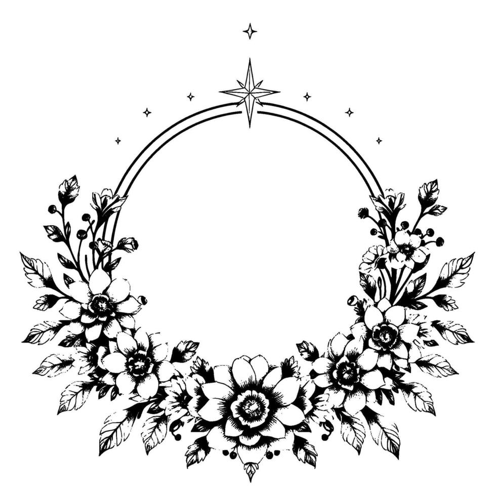 detailed black and white floral wreath , centered by a stylized star, with additional stars, perfect for invitations. vector