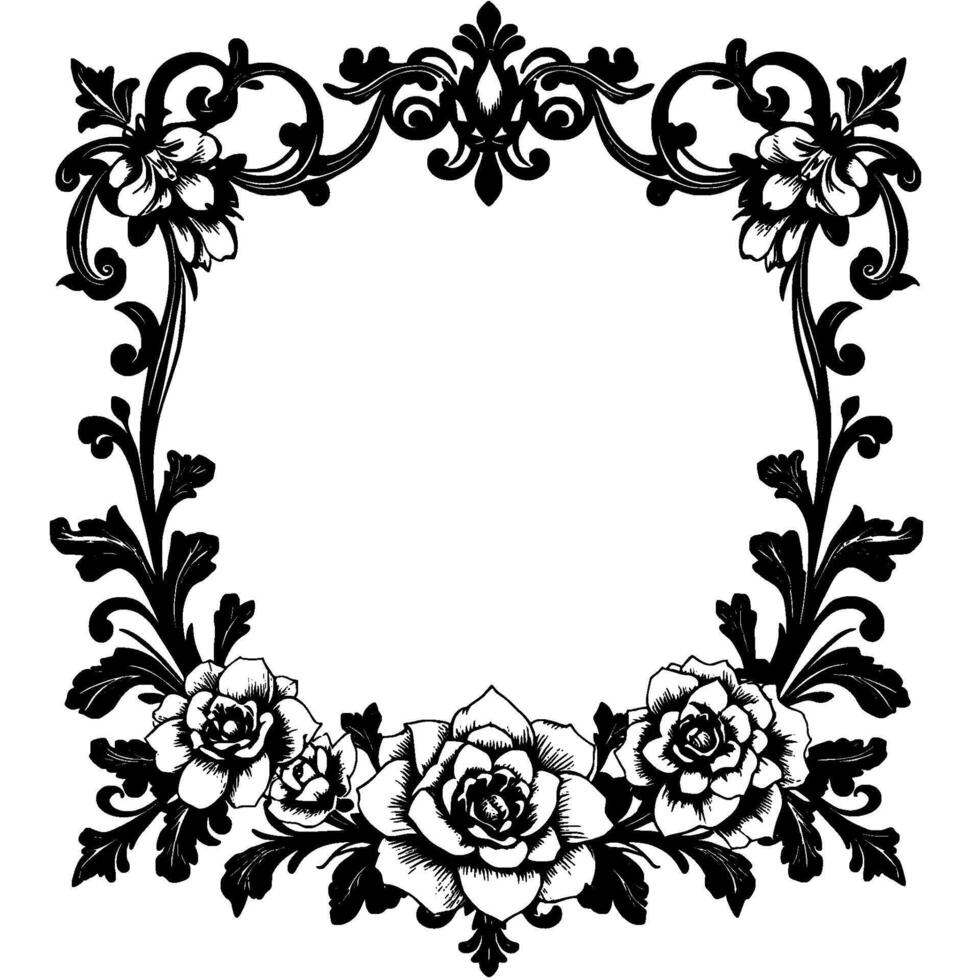 elegant black and white floral frame with roses and ornate baroque swirls, empty center, decorative border. vector