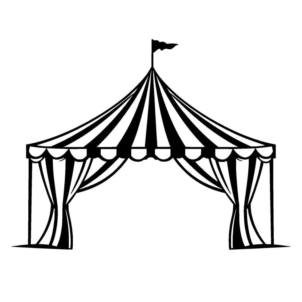 black and white circus tent illustration with striped roof, curtains, and flag, isolated on a white background. vector