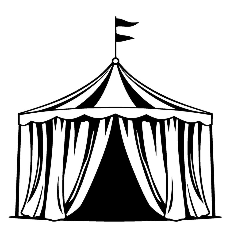 a black and white illustration of a classic circus tent, showcasing the iconic striped roof, draped curtains, and decorative flags at the apex. vector