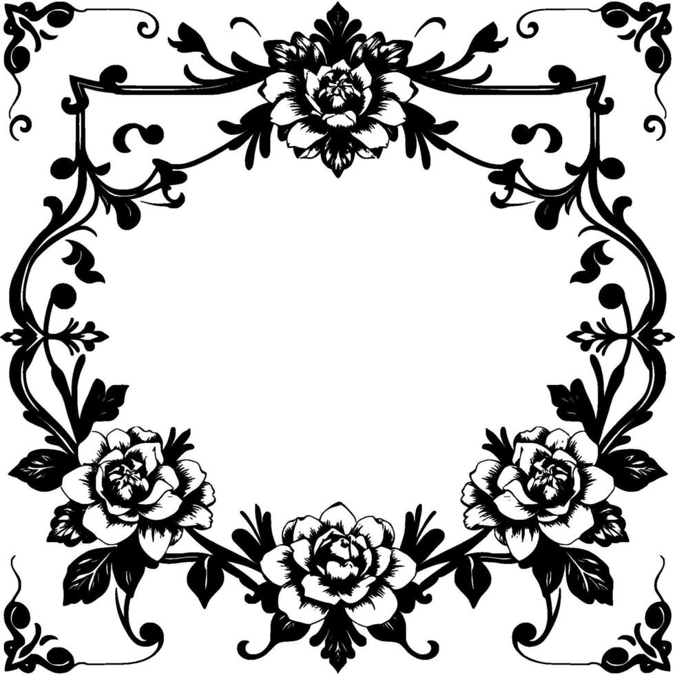 elegant black and white floral frame with detailed roses, leaves, and ornamental swirls on white background. vector