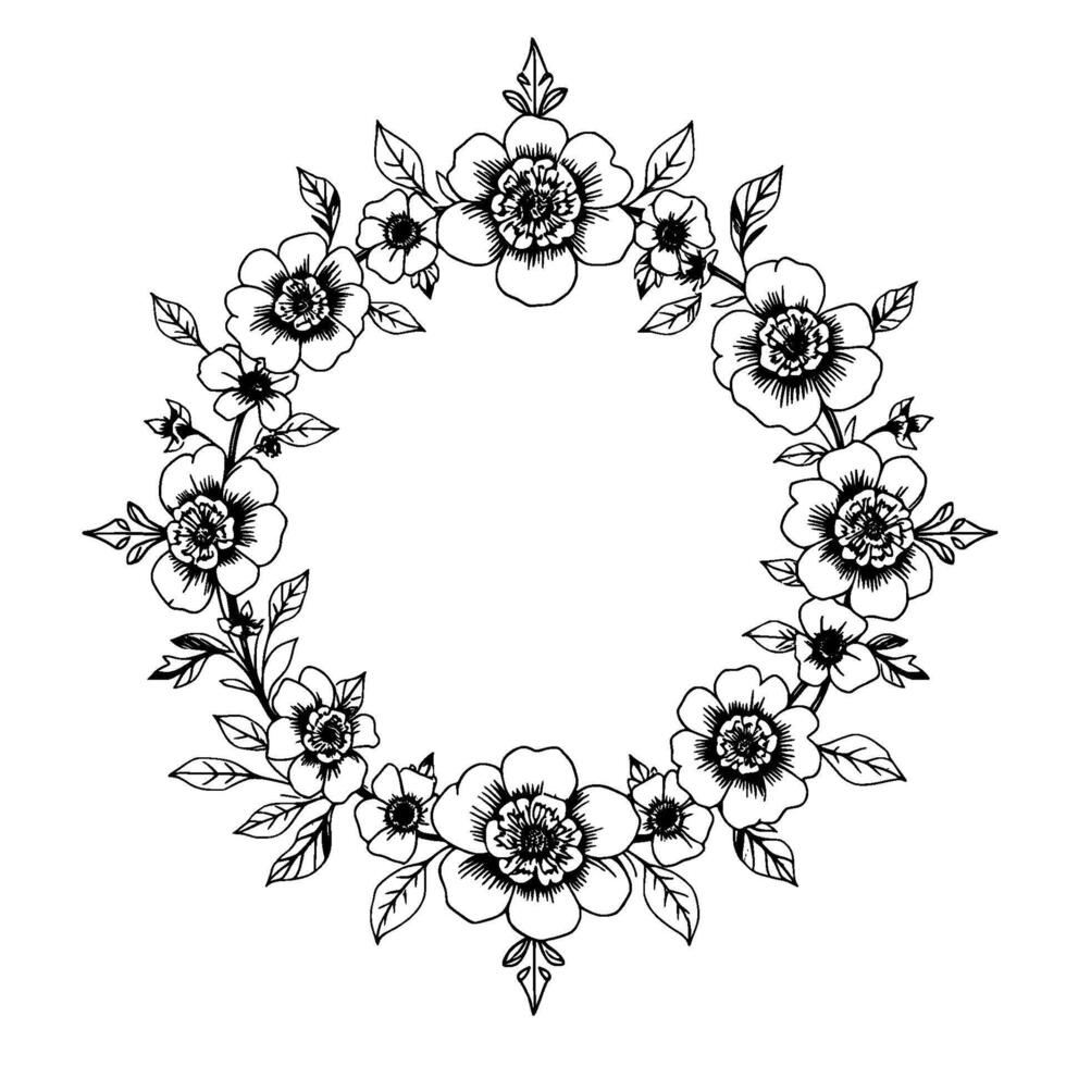 intricate black and white floral wreath illustration with detailed petals and leaves forming a circular , isolated on white background. vector