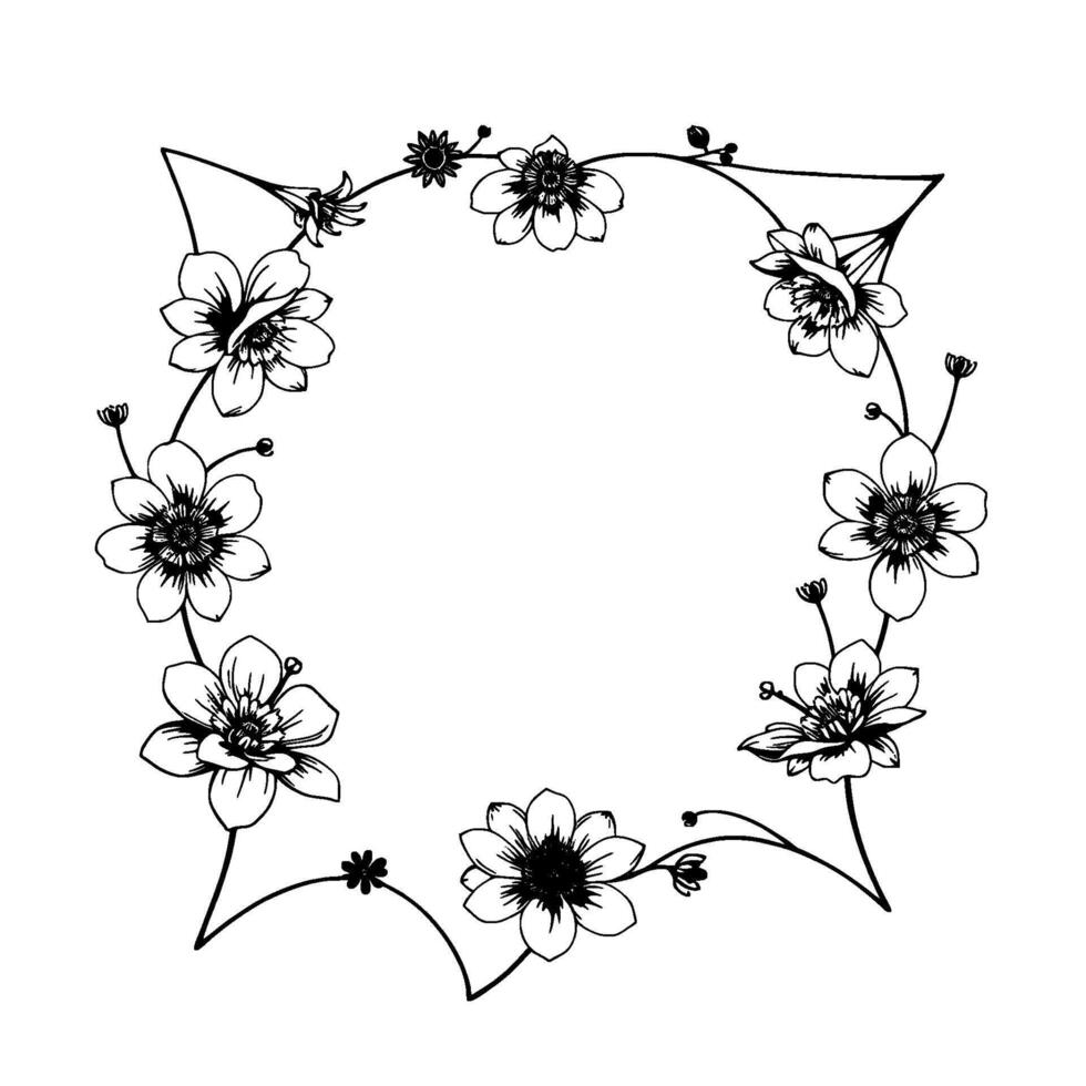 elegant black and white floral wreath handdrawn line art featuring a circular arrangement of flowers and delicate stems on a clean white background. vector